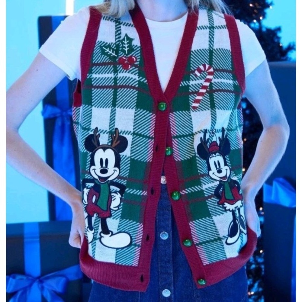 Her Universe Disney Mickey Minnie Holiday Embroidered Plaid Sweater‎ Vest Wom LG